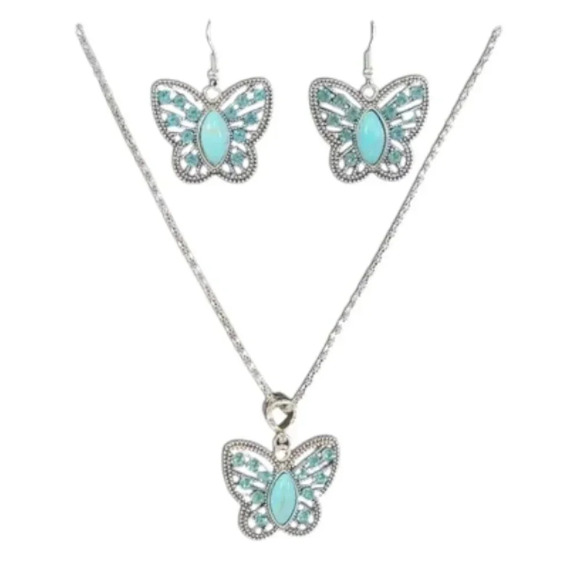 Blue Butterfly Rhinestone Earrings and Necklace Set - Picture 1 of 7